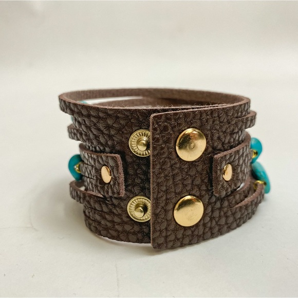 New Turquoise Leather Bracelet Cuff - Picture 2 of 3